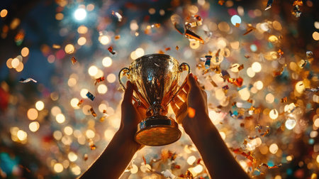 A close-up of hands lifting a golden trophy cup surrounded by confetti and celebration lights.の素材