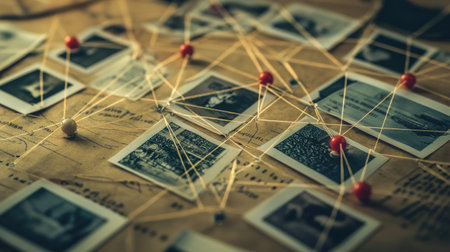 A detective-style pin and string network with photos, documents, and lines connecting them on a board.の素材
