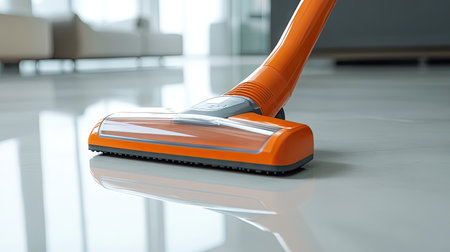 A cordless stick vacuum with a detachable hand unit shown on a glossy white surface.の素材