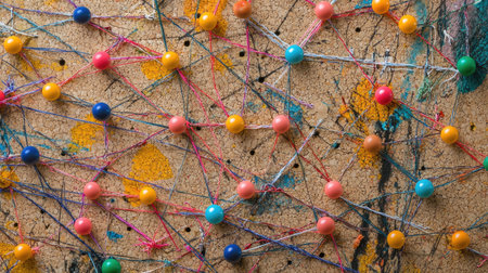 A close-up of multicolored pins on a corkboard, connected by thin strings to form intricate patterns.の素材
