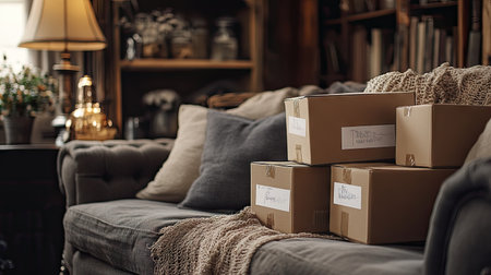 A close-up of labeled cardboard boxes piled next to a sofa in a cozy apartment.の素材