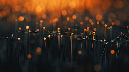 A close-up of pins with strings attached, representing connections and relationships in a community.の素材