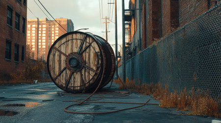 A large wooden cable drum standing near a chain-link fence in an urban alley.の素材
