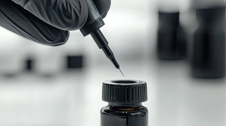 A detailed shot of a gloved hand dipping a tattoo machine needle into a black ink capの素材