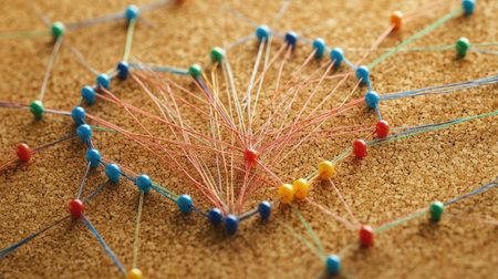 A creative shot of a colorful pin-and-string network forming a heart shape on a corkboard.の素材