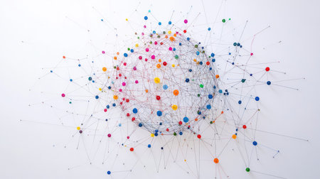 A creative art installation of a pin-and-thread network forming a symbolic globe on a white canvas.の素材