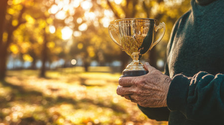 A golden trophy cup held by an elderly man in a park, symbolizing a lifetime of achievements.の素材