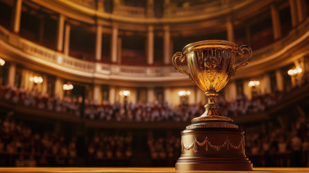 A golden trophy cup placed on a podium in a grand hall filled with applause and celebration.の素材