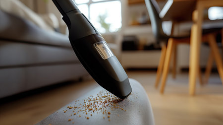 A cordless vacuum cleaner being used to clean crumbs off a dining room chair.の素材