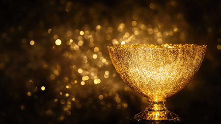 A dramatic shot of a golden trophy against a black background, reflecting shimmering light.の素材