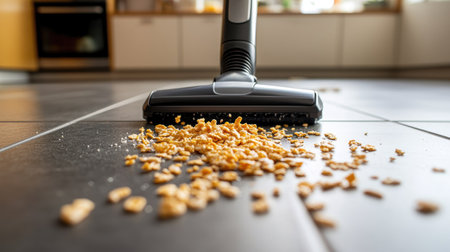 A close-up of a cordless vacuum head picking up spilled cereal on a tiled floor.の素材