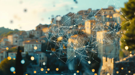 A digital graphic overlay of a pin and string network on top of a real-world city landscape.の素材