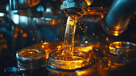 A detailed view of oil being refueled into an industrial diesel engineの素材