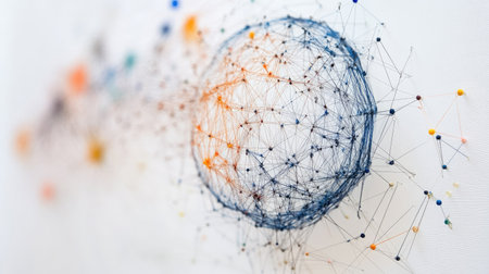 A creative art installation of a pin-and-thread network forming a symbolic globe on a white canvas.の素材