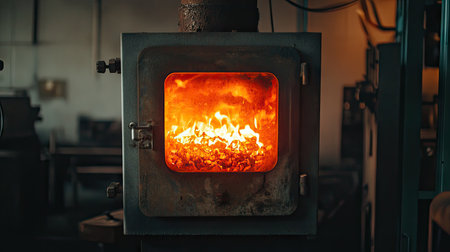 A glowing industrial furnace with flames visible inside, casting an orange hue in a dark factory.の素材