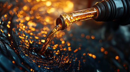 A detailed view of oil being refueled into an industrial diesel engineの素材