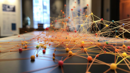 A large pin-and-string network displayed in a conference room during a presentation on collaboration.の素材