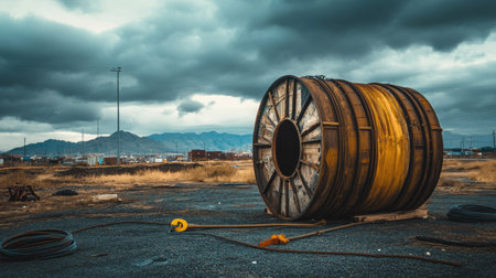 A large, empty wooden cable drum placed in an open industrial yard with scattered tools and a cloudy sky.の素材