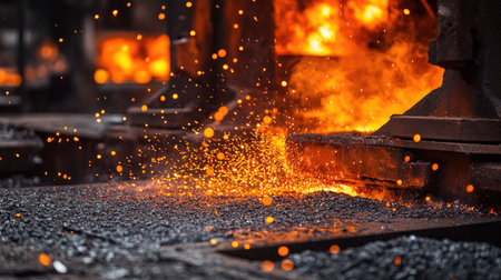A close-up of the furnace flames, with sparks and embers flying in the intense heat.の素材