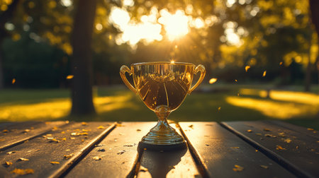 A golden trophy cup sparkling under the sun, placed outdoors on a picnic table.の素材