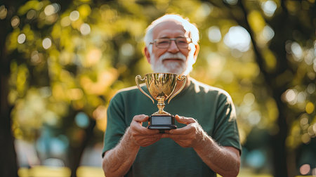 A golden trophy cup held by an elderly man in a park, symbolizing a lifetime of achievements.の素材