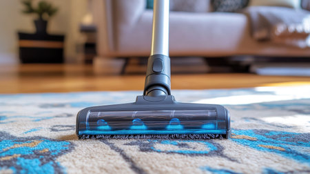 A cordless vacuum cleaner head with multi-surface cleaning technology in use on a rug.の素材