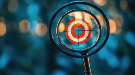 A magnifying glass zooming in on a bullseye target with sharp focus, surrounded by a blurred backgroundの素材