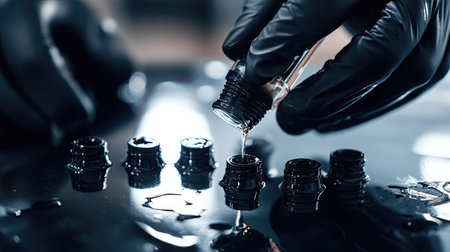 A hand wearing black gloves squeezing ink from a bottle into tiny caps on a reflective metal surfaceの素材