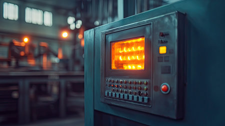 A high-temperature industrial furnace with a glowing control panel in a manufacturing facility.の素材