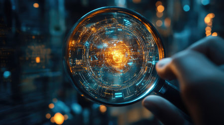A magnifying glass bringing focus to a glowing, futuristic interface symbolizing objectivesの素材
