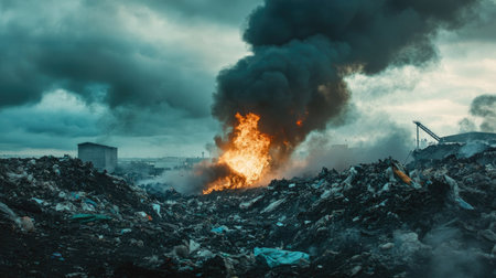 A large incinerator furnace burning waste, with thick smoke rising in the background.の素材