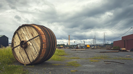A large, empty wooden cable drum placed in an open industrial yard with scattered tools and a cloudy sky.の素材