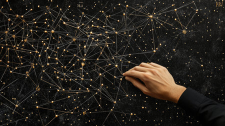 A hand adjusting a pin in a complex network of connections displayed on a black corkboard.の素材