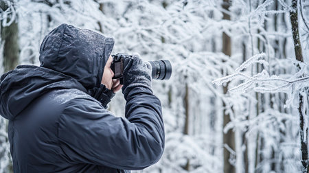 A man wearing a dark winter jacket and gloves taking photographs in a frosty forest.の素材