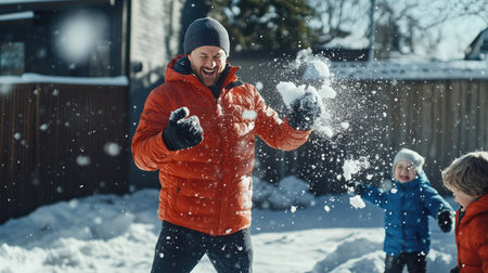 A man in a sporty winter jacket enjoying a snowball fight with children in a suburban backyard.の素材