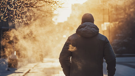 A man in a lightweight winter jacket jogging on a frosty morning, steam rising with his breath.の素材