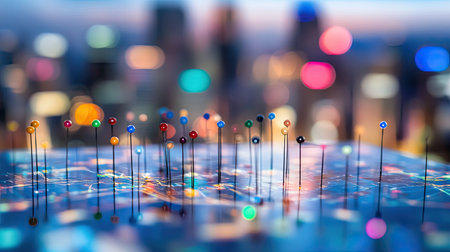 A network of pins on a transparent board with a blurred cityscape visible in the background.の素材