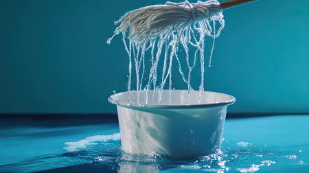 A mop dripping with water being lifted from a bucket, with a clean, streak-free floor below.の素材