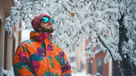 A man in a colorful winter jacket posing beside a snow-covered tree on a bright winter afternoon.の素材