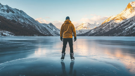 A man in a warm winter jacket enjoying ice skating on a frozen lake surrounded by mountains.の素材