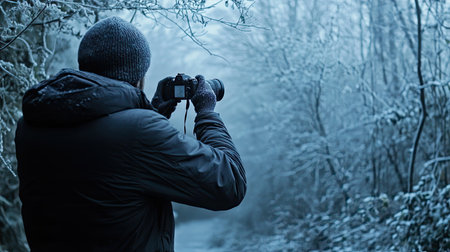 A man wearing a dark winter jacket and gloves taking photographs in a frosty forest.の素材