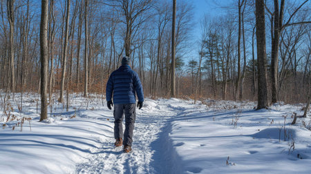A man wearing a puffy winter jacket walking through a snow-covered forest trail under a clear blue sky.の素材