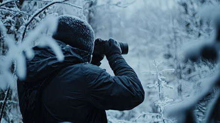 A man wearing a dark winter jacket and gloves taking photographs in a frosty forest.の素材
