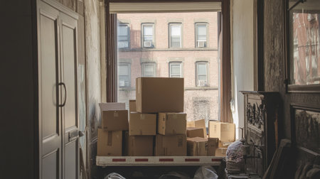 A moving truck visible through an apartment window, with piles of cardboard boxes inside the room.の素材