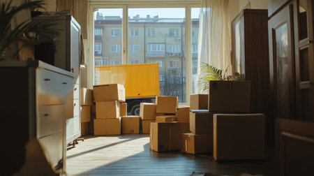 A moving truck visible through an apartment window, with piles of cardboard boxes inside the room.の素材
