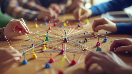 A team collaborating over a desk with a network of pins and strings laid out on a corkboard.の素材