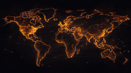 A pin-and-string network overlaying a world map, with glowing threads indicating major data pathways.の素材