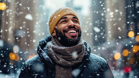 A man wearing a winter jacket and scarf smiling as snowflakes fall gently around him in a city.の素材