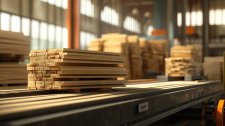 A stack of freshly cut wood planks on a conveyor belt in a busy woodworking factory.の素材