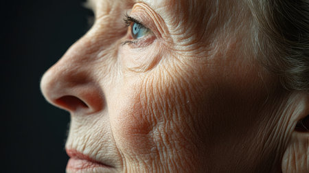A side profile of an older woman's face, showcasing deep wrinkles and folds.の素材